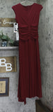 Betsy & Adam Petite Cap Sleeve Gathered Draped Slit Gown Dress Bordeaux Red 8P