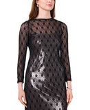 Cece Womens Metallic Lace-Over Long-Sleeve Midi Dress Black XS