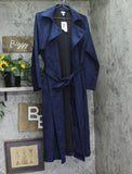 A New Day Suede Notched Collar Double-Breasted Belted Trench Coat Navy Blue S