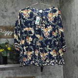 Bila Womens Woven Split Neck Three-Quarter Sleeve Top WY815 Navy Blue L