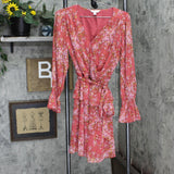 LC Lauren Conrad Womens Long Sleeve Belted Babydoll Dress Pink Lurex M