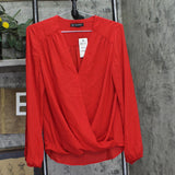 INC International Concepts Womens Long Sleeved Shirred Surplice Top Red S