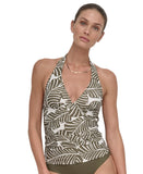 DKNY Womens Shirred Halter V-Neck Tankini Top Swim DIMKS215 Jungle Palm Green S