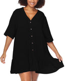 Raisins Curve Textured Cotton Button-Front Cover-Up Tunic N840090 Black 1X