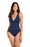 La Blanca Island Goddess Cross Back One Piece Swimsuit Indigo Blue 12