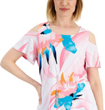 JM Collection Printed Cold Shoulder Top with Necklace Pink Gemstone Combo XL