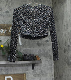 Alex & Sophia Cropped Faux-Pearl-Trim Sequin Velvet Top Charcoal Black 2XS