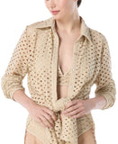 Carmen Marc Valvo Crochet Tunic Swim Cover-Up Shirt Button Up Beige Brown M