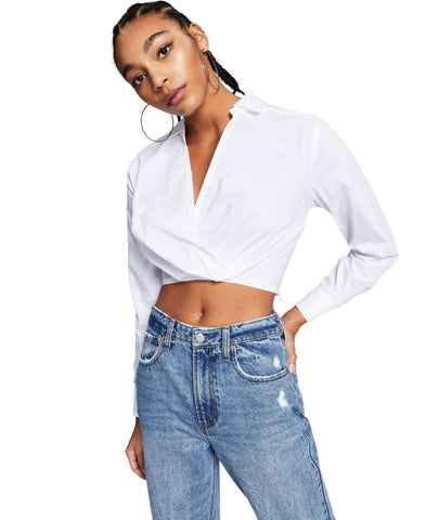 And Now This Womens Faux Wrap Poplin Shirt Bright White S
