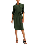 Alfani Womens Roll Tab Knit Tie-Waist Shirtdress 100154096MS Olive Green L