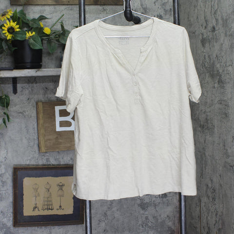Denim & Co. Size Essentials Linen Blend Henley Shirt Top Stone Khaki Brown 1X