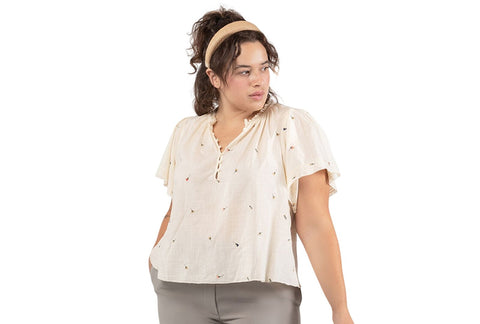Black Tape Plus Size Printed Cotton Flutter-Sleeve Top Garden Way Off white 2X