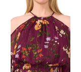 MSK Petite Floral Printed Cold-Shoulder Shear Pleated Jumpsuit Plum Purple PS