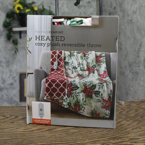 Premier Comfort Cozy Plush Reversible Throw Blanket White Poinsettia Multi 50x60