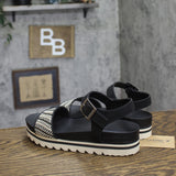 Bearpaw Platform Woven Raffia Buckle Open Toe Slingback Sandals Black / White 9M