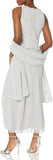 J Kara Petite Beaded Sleeveless Long Dress with Scarf Silver / White  12P