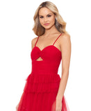 Blondie Nites Juniors Mesh Tiered Spaghetti Strap Gown Dress 4637BN Red 15