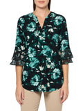 Kasper Print Split-Neck Flutter Bell-Sleeve Blouse Top Evergreen Green Multi M