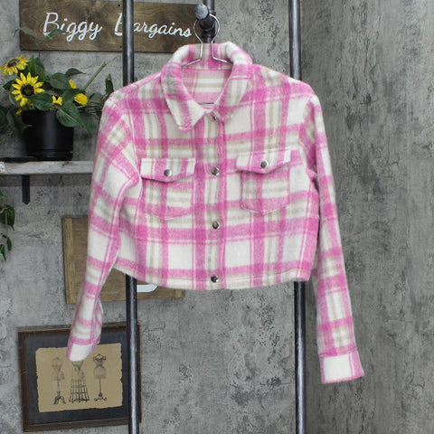 Womens Cropped Snap Front Long Sleeve Coat Jacket Pink Plaid See Measurements
