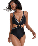 Bar III Womens Tell Me About It Studded One Piece Swimsuit Black / Siver M