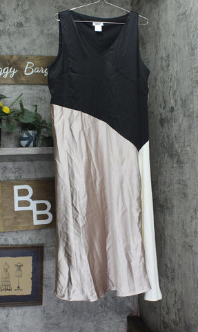 DKNY Satin Colorblocked Slip V Neck Midi Dress Black / Cloud / Eggshell 16