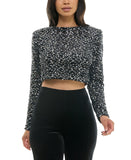 Alex & Sophia Cropped Faux-Pearl-Trim Sequin Velvet Top Charcoal Black 2XS