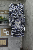 DKNY Printed Side-Ruched Sheer Long Sleeve Mesh Dress Black / Blue Multi 14