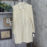 Carmen Marc Valvo Crochet Tunic Swim Cover-Up Shirt Button Up Beige Brown M