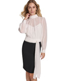 Calvin Klein Neck Chiffon Waist Tie Sash Crepe Skirted Dress Cream / Black 14
