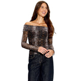 Wild Fable Womens Mesh Long Sleeve Off the Shoulder Party T-Shirt Brown Multi XS