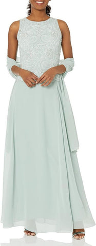 J Kara Sleeveless Scallop Long Beaded Dress with Scarf Celadon Green / Multi 6