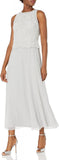 J Kara Petite Beaded Sleeveless Long Dress with Scarf Silver / White  12P