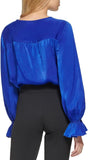 DKNY Womens Long Sleeve Satin V-Neck Ruffle Cuff Blouse P2JANQ40