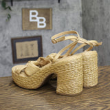 A New Day Raffia Jute Block Criss Cross Open Toe Heels Natural Tan Brown 9.5M