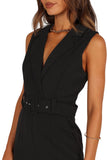 Petal And Pup Sienna Belted Buckle Pleated Collared V Neck Jumpsuit Black L