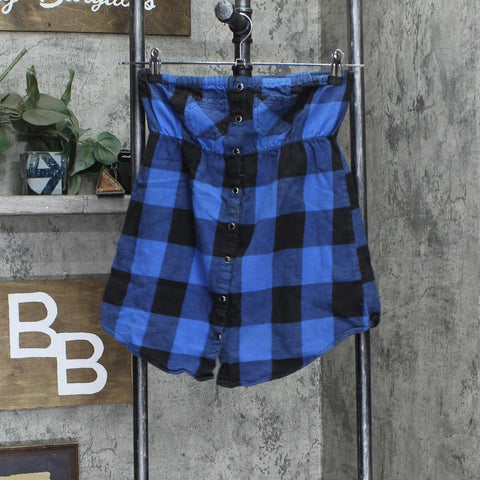 Urban Vibe Womens Flannel Plaid Faux Button Up Off Shoulder Top Blue / Black M