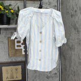 LC Lauren Conrad Woven Button Up Puff Sleeve Blouse Shirt Top Blue / White M