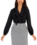 Kasper Womens Petite Ruffled Tie-Neck Blouse Top 10880898 Black PL
