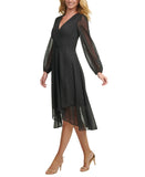 Tommy Hilfiger Womens Long Sleeve Sheer-Sleeve Surplice Dress Black / Gold 12