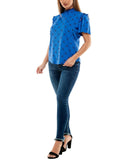 Adrienne Vittadini Womens Knit Short Sleeve Smocked Neck Top Blue / Black XL
