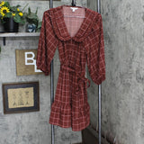LC Lauren Conrad Womens Crochet Trim Belted Babydoll Dress Brown Plaid S