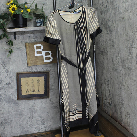 Karl Lagerfeld Neck Silky Crepe Geo Printed Satin Midi Dress Soft Beige Brown 14