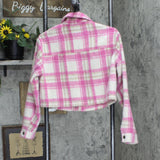 Womens Cropped Snap Front Long Sleeve Coat Jacket Pink Plaid See Measurements