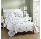 Modern Heirloom Vintage Floral Embroidered 3-Piece Quilt Set White / Purple King