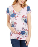 Motherhood Maternity V-Neck Side-Ruched Maternity Tee, Short Sleeve Pink Multi S