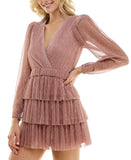 B. Darlin Metallic V-Neck Belted Ruffled Tiered Sheer Sleeved Dress Pink 5/6