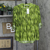 Notations Womens Knit Roll Tab Knit Shirt Top Green Black Multi PXL