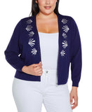 Belldini Embroidered Open-Front Cardigan with Stud Trim Twilight Blue 1X