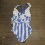 Cupshe Womens Ruffle Trim Strappy Back One Piece Swimsuit Blue / White Stripe S