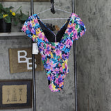 Swim Solutions Neck Garden Dreams Flutter One-Piece Swimsuit Navy Blue Multi 12